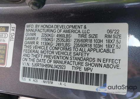 2022 Honda Cr-V Hybrid Ex-L z USA, uszkodzony, nr VIN 5J6RT6H89NL042923